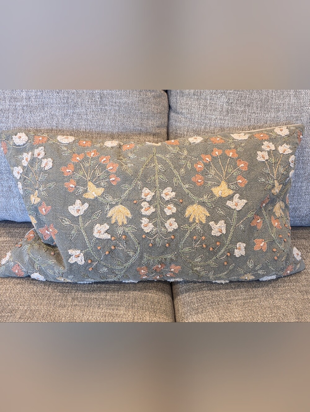 Pottery Barn Embroidered Floral Lumbar Pillow - Sage Green with Yellow and Peach
